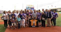 The LSU baseball program and LSU athletics community saluted Franques on May 5, 2018 with “Bill Franques Day.” He is pictured with family and friends and supporters. The ticket stubs that day had a photo of Franques.